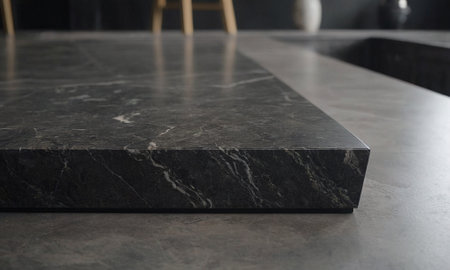 Professional design background with expensive black granite. Dark stone table with elements. High quality illustrationの素材