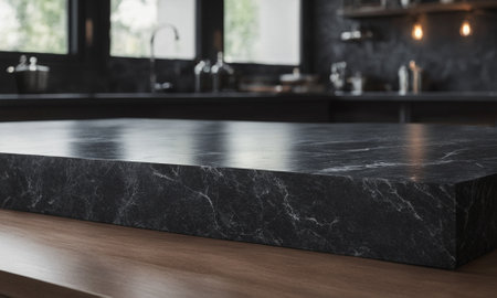 Professional design background with expensive black granite. Dark stone table with elements. High quality illustrationの素材