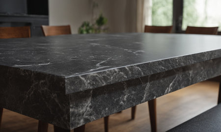 Professional design background with expensive black granite. Dark stone table with elements. High quality illustrationの素材
