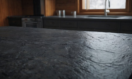 Professional design background with expensive black granite. Dark stone table with elements. High quality illustrationの素材