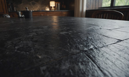 Professional design background with expensive black granite. Dark stone table with elements. High quality illustrationの素材