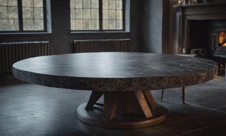 Professional design background with expensive black granite. Dark stone table with elements. High quality illustrationの素材