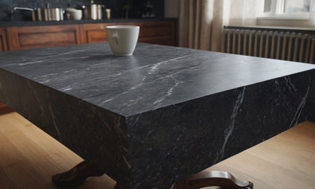 Professional design background with expensive black granite. Dark stone table with elements. High quality illustrationの素材