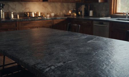 Professional design background with expensive black granite. Dark stone table with elements. High quality illustrationの素材
