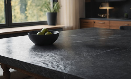 Professional design background with expensive black granite. Dark stone table with elements. High quality illustrationの素材