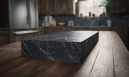Professional design background with expensive black granite. Dark stone table with elements. High quality illustrationの素材