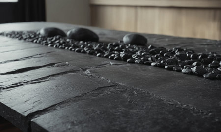Professional design background with expensive black granite. Dark stone table with elements. High quality illustrationの素材