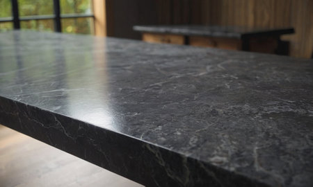 Professional design background with expensive black granite. Dark stone table with elements. High quality illustrationの素材