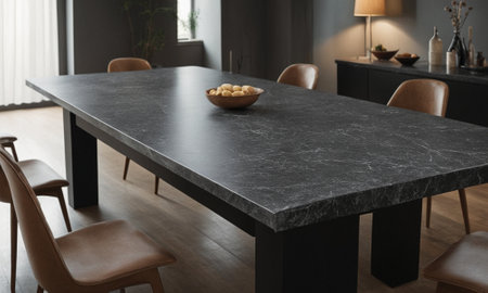 Professional design background with expensive black granite. Dark stone table with elements. High quality illustrationの素材