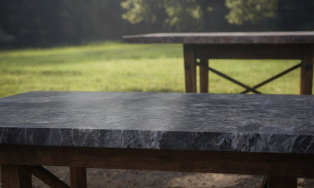 Professional design background with expensive black granite. Dark stone table with elements. High quality illustrationの素材