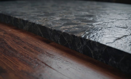 Professional design background with expensive black granite. Dark stone table with elements. High quality illustrationの素材