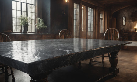 Professional design background with expensive black granite. Dark stone table with elements. High quality illustrationの素材