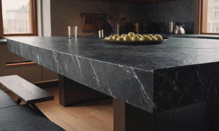 Professional design background with expensive black granite. Dark stone table with elements. High quality illustrationの素材