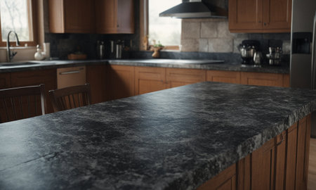 Professional design background with expensive black granite. Dark stone table with elements. High quality illustrationの素材