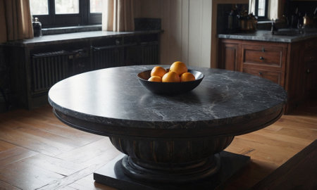Professional design background with expensive black granite. Dark stone table with elements. High quality illustrationの素材