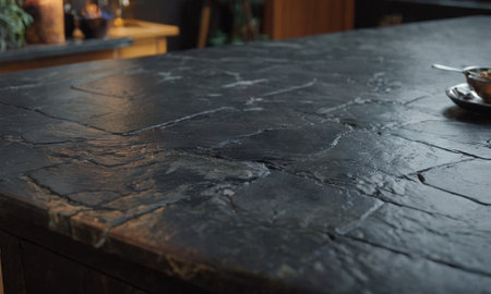 Professional design background with expensive black granite. Dark stone table with elements. High quality illustrationの素材