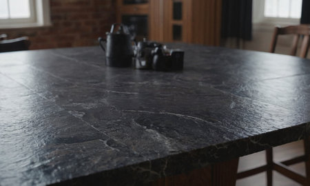 Professional design background with expensive black granite. Dark stone table with elements. High quality illustrationの素材