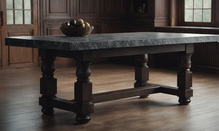 Professional design background with expensive black granite. Dark stone table with elements. High quality illustrationの素材
