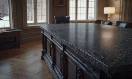 Professional design background with expensive black granite. Dark stone table with elements. High quality illustrationの素材
