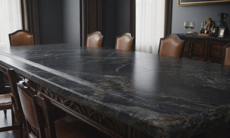 Professional design background with expensive black granite. Dark stone table with elements. High quality illustrationの素材