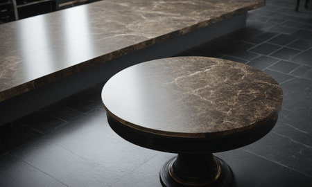 Professional design background with expensive black granite. Dark stone table with elements. High quality illustrationの素材