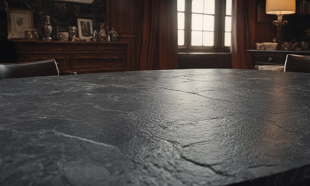 Professional design background with expensive black granite. Dark stone table with elements. High quality illustrationの素材