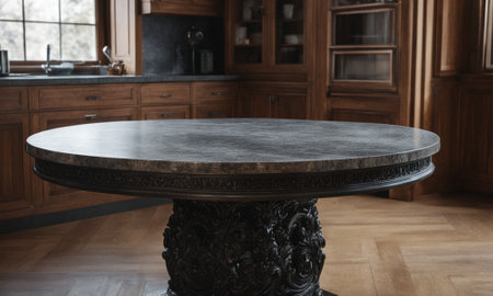 Professional design background with expensive black granite. Dark stone table with elements. High quality illustrationの素材