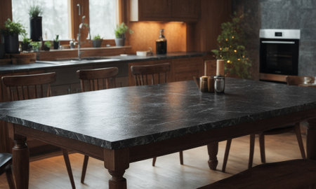 Professional design background with expensive black granite. Dark stone table with elements. High quality illustrationの素材