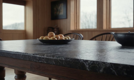 Professional design background with expensive black granite. Dark stone table with elements. High quality illustrationの素材