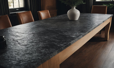 Professional design background with expensive black granite. Dark stone table with elements. High quality illustrationの素材