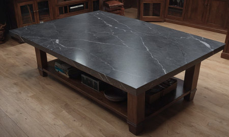Professional design background with expensive black granite. Dark stone table with elements. High quality illustrationの素材
