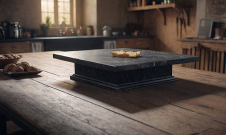 Professional design background with expensive black granite. Dark stone table with elements. High quality illustrationの素材