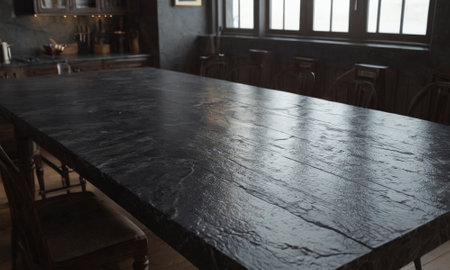 Professional design background with expensive black granite. Dark stone table with elements. High quality illustrationの素材