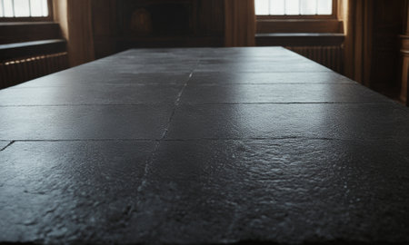 Professional design background with expensive black granite. Dark stone table with elements. High quality illustrationの素材