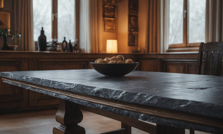 Professional design background with expensive black granite. Dark stone table with elements. High quality illustrationの素材