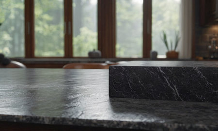 Professional design background with expensive black granite. Dark stone table with elements. High quality illustrationの素材