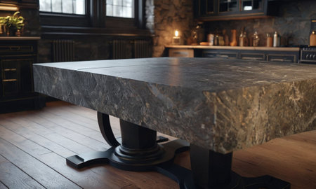Professional design background with expensive black granite. Dark stone table with elements. High quality illustrationの素材