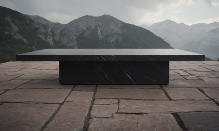 Professional design background with expensive black granite. Dark stone table with elements. High quality illustrationの素材