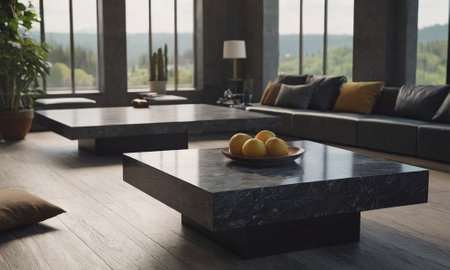 Professional design background with expensive black granite. Dark stone table with elements. High quality illustrationの素材