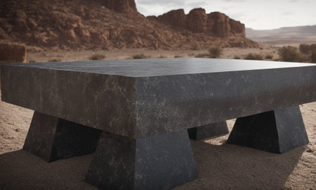 Professional design background with expensive black granite. Dark stone table with elements. High quality illustrationの素材