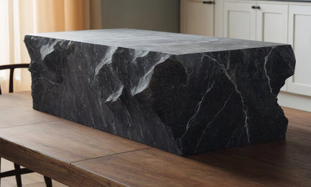 Professional design background with expensive black granite. Dark stone table with elements. High quality illustrationの素材