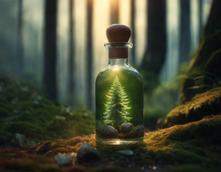 A glass bottle with a magic potion on the background of a beautiful forestの素材