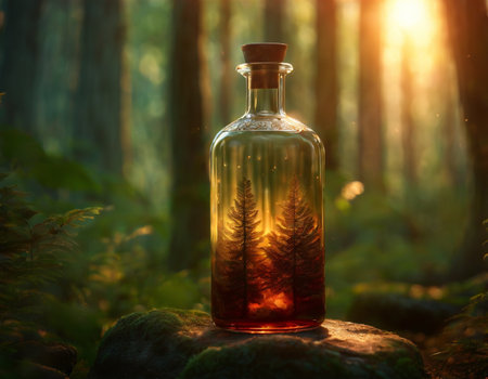 A glass bottle with a magic potion on the background of a beautiful forestの素材