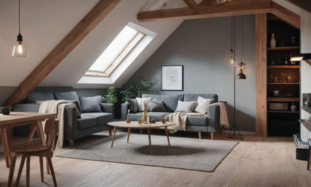 Minimalistic Scandinavian design of a cozy home. Bright interior with wood elements. High quality illustrationの素材