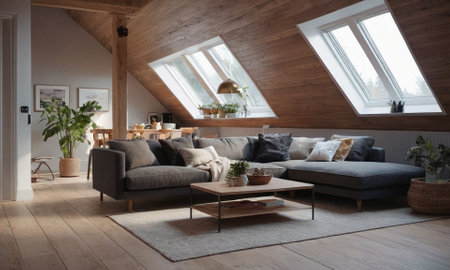 Minimalistic Scandinavian design of a cozy home. Bright interior with wood elements. High quality illustrationの素材