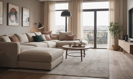 Minimalistic Scandinavian design of a cozy house with a fireplace. Bright interior with wood elements. High quality illustrationの素材