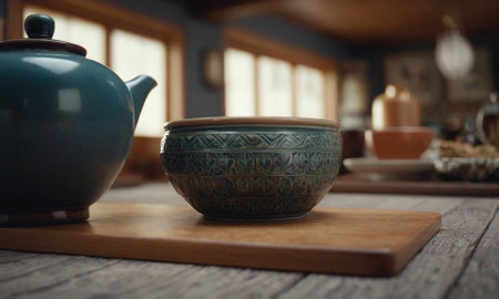 Ceramic dishes on a wooden table. Mug, jug, plate. High quality illustrationの素材