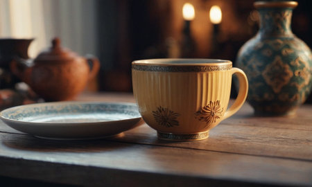 Ceramic dishes on a wooden table. Mug, jug, plate. High quality illustrationの素材