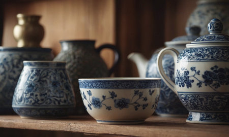 Ceramic dishes on a wooden table. Mug, jug, plate. High quality illustrationの素材