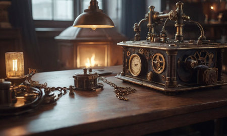 Steampunk background. Mechanisms, gears, light bulbs and clocks. High quality illustrationの素材